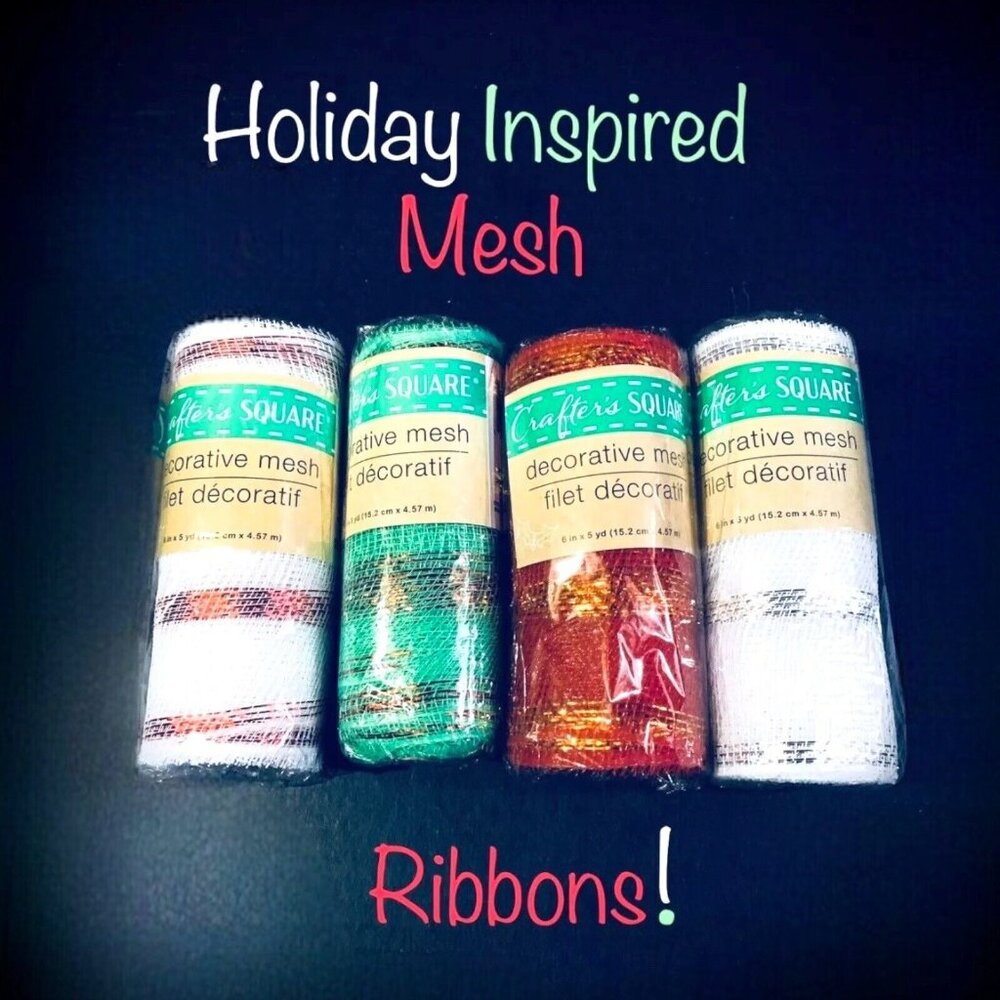 Holiday Green, White, and Red Multi-colored Striped Mesh Ribbons. Set of 4! NEW!